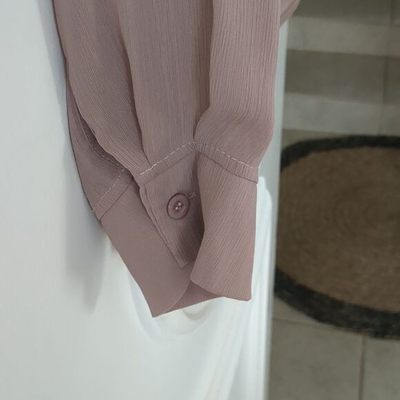 ACEVOG  Textured Chiffon Crepe Blouse MED Bow Long Sleeve Dusty Rose - Picture 9 of 12